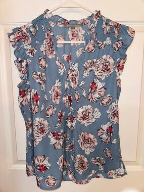 Daniel Rainn Dusty Blue Floral V-Neck Ruffle Sleeve Blouse